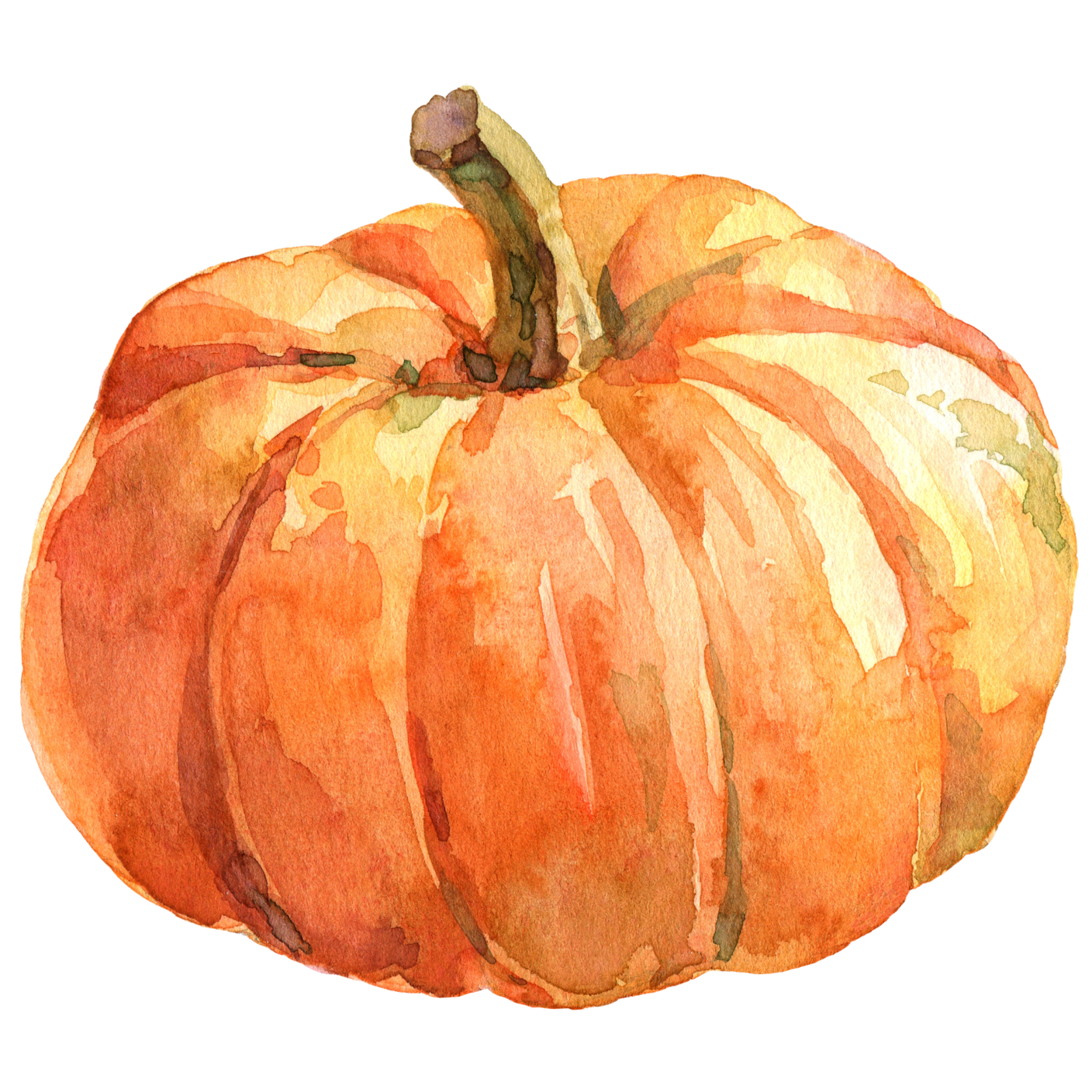 Watercolor painting of an orange pumpkin with a green stem.